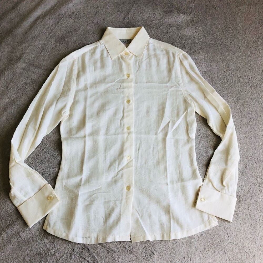 NWOT Como Sport Women’s Floral pattern Solid Cream Collared Long Sleeve Button D